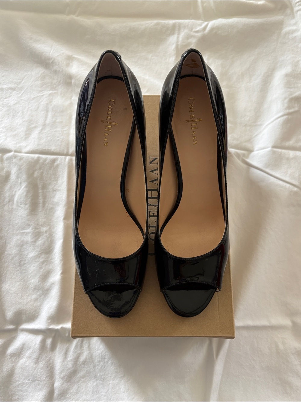 Cole Haan Black Patent Peep-Toe Heels